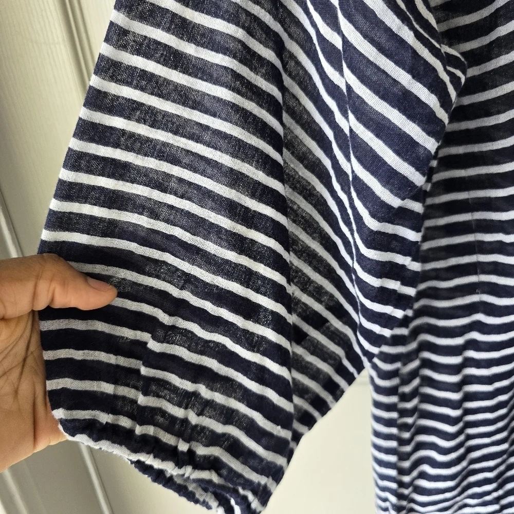 J Crew Sheeer Blouse  Medium Women Navy Blue White Striped Cotton See Thru